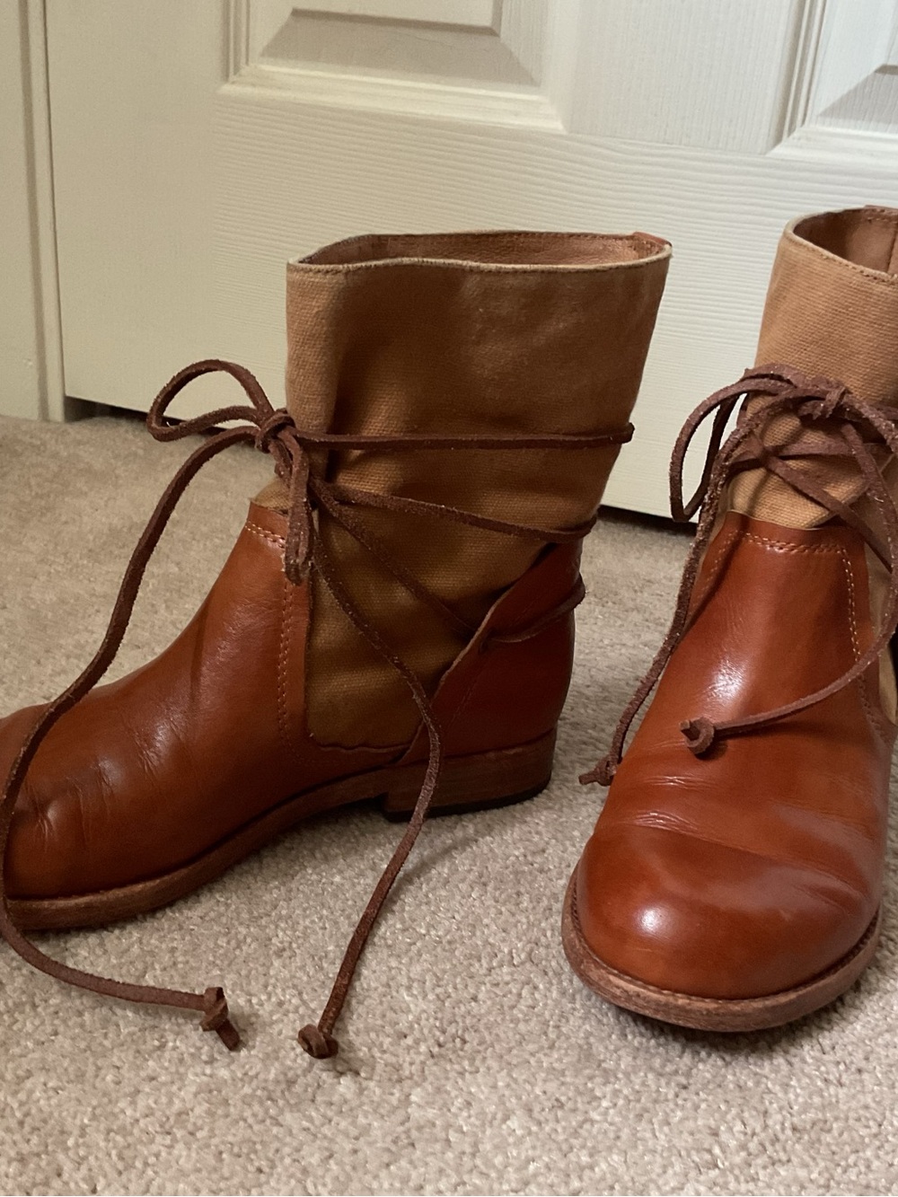 Patricia Nash Brown Leather and Tan Canvas Lace-Up Ankle Boots - Picture 3 of 4